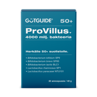 GutGuide-ProVillus50+-bakteerilisän kotelo, jossa lukee, että tuote sisältää 4000 miljoonaa bifodibakteeria.