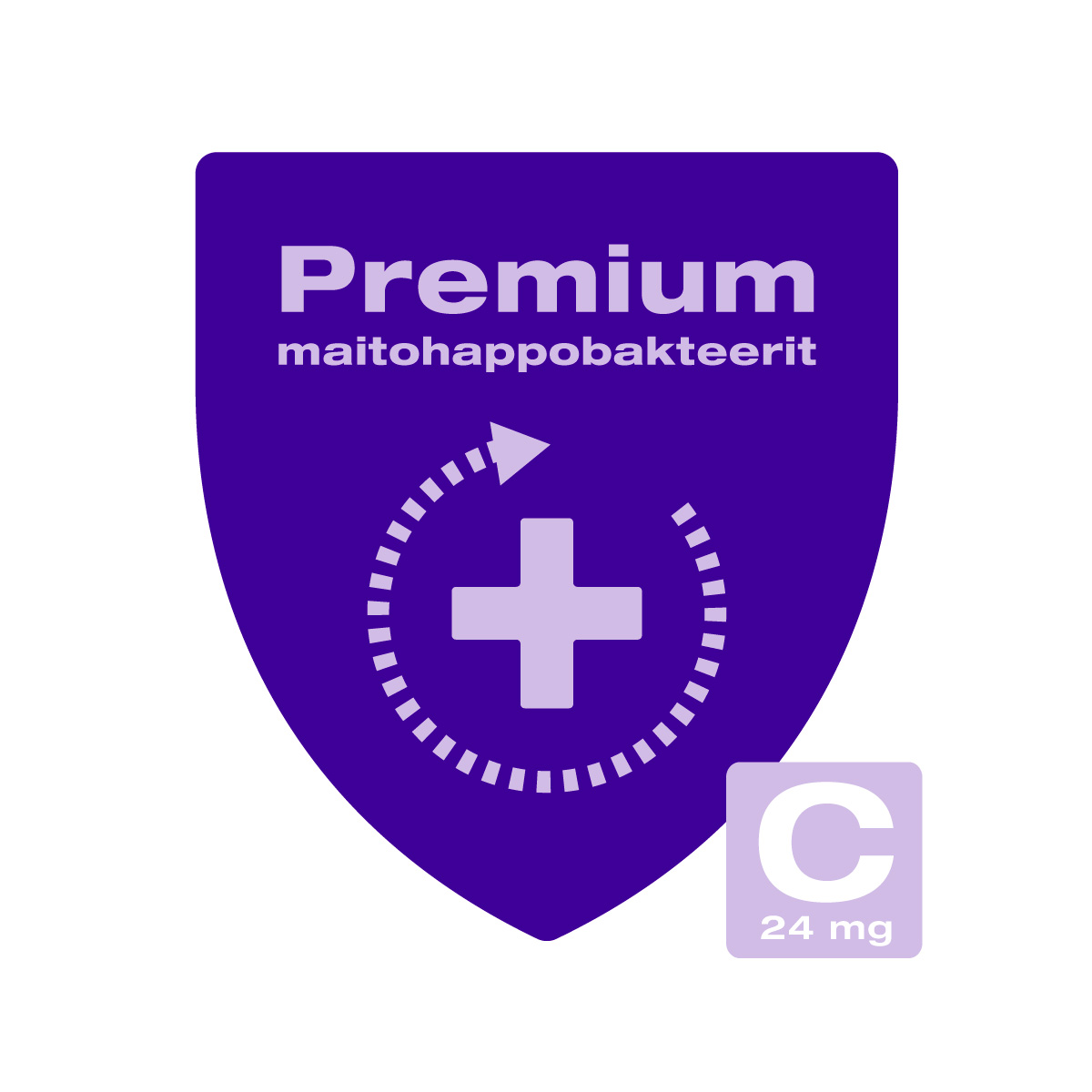 Violetti kilpi, jossa lukee premium maitohappobakteerit.