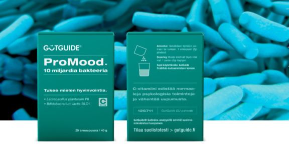 GutGuide-Promood-bakteerilisäpakkaukset ja mikroskooppikuva maitohappobakteereista