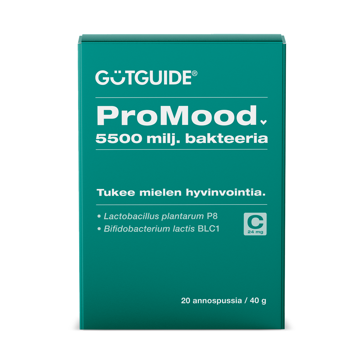 Kuvassa on ProMood-bakteerilisä pakkaus. Kotelo on vihreä ja siinä lulee 5500 miljoonaa bakteeria sekä "tukee mielen hyvinvointia".
