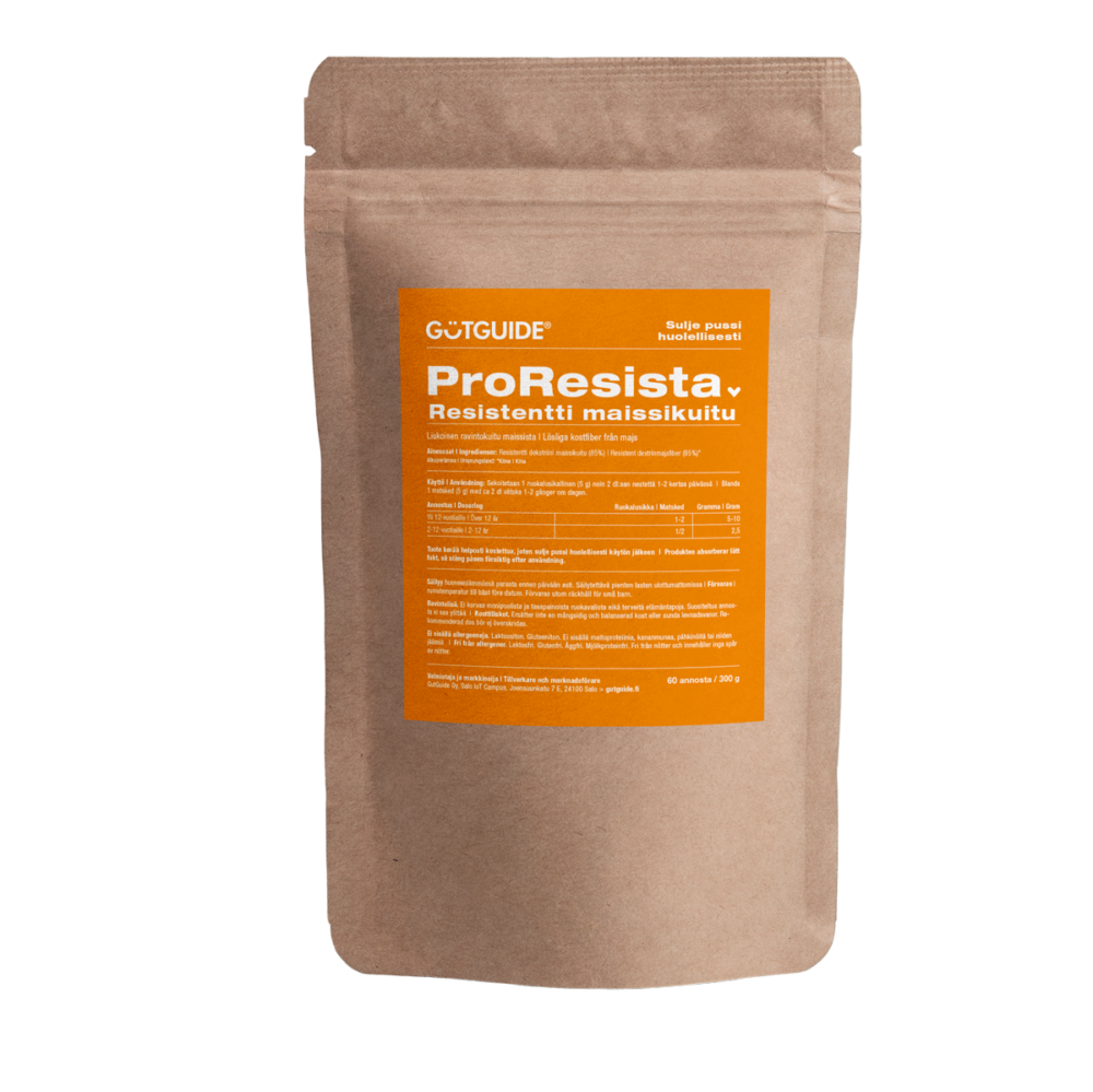 Kuvassa on ProResista-resistentit maissikuidun pakkaus, joka on seisova pussi oranssinkelteisella etiketillä.